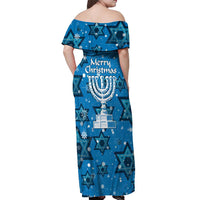 Israel Christmas Off Shoulder Maxi Dress with Blue Star of David Pattern and Menorah Motif - Wonder Print Shop