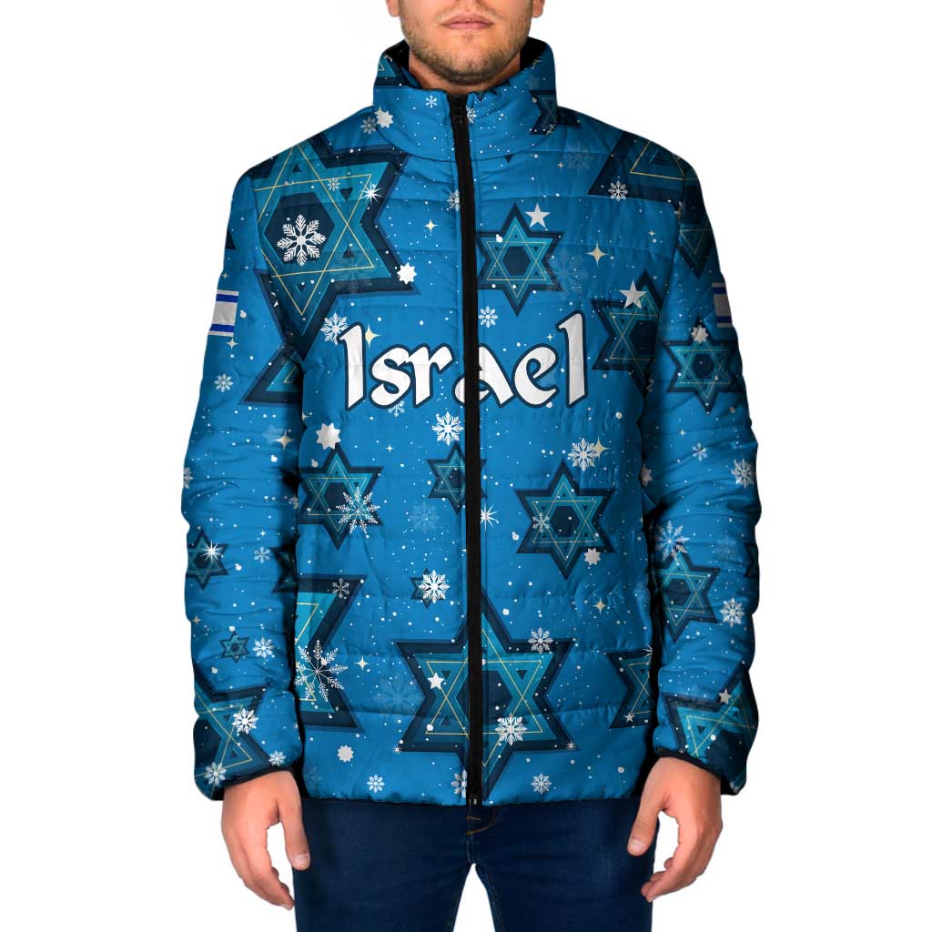 Israel Christmas Padded Jacket with Blue Star of David Pattern and Menorah Motif - Wonder Print Shop