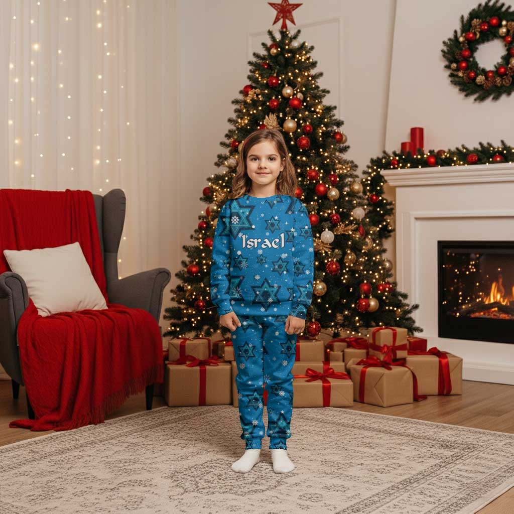 Israel Christmas Pajama Set with Blue Star of David Pattern and Menorah Motif - Wonder Print Shop