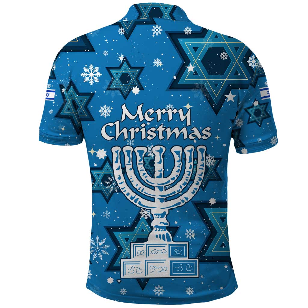 Israel Christmas Polo Shirt with Blue Star of David Pattern and Menorah Motif - Wonder Print Shop