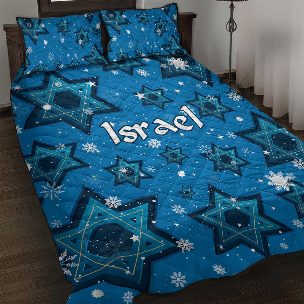Israel Christmas Quilt Bed Set with Blue Star of David Pattern and Menorah Motif - Wonder Print Shop