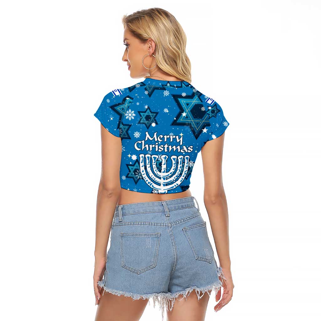 Israel Christmas Raglan Cropped T Shirt with Blue Star of David Pattern and Menorah Motif - Wonder Print Shop