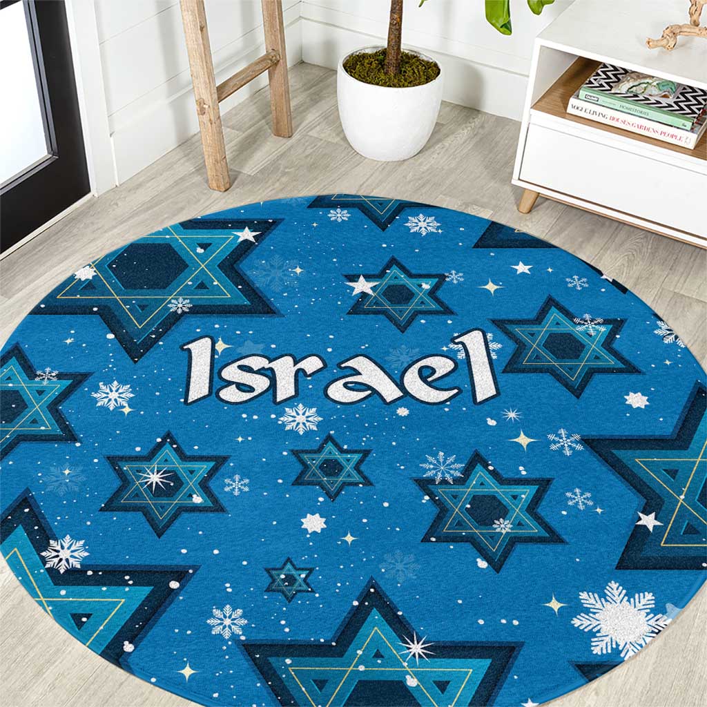Israel Christmas Round Carpet with Blue Star of David Pattern and Menorah Motif - Wonder Print Shop