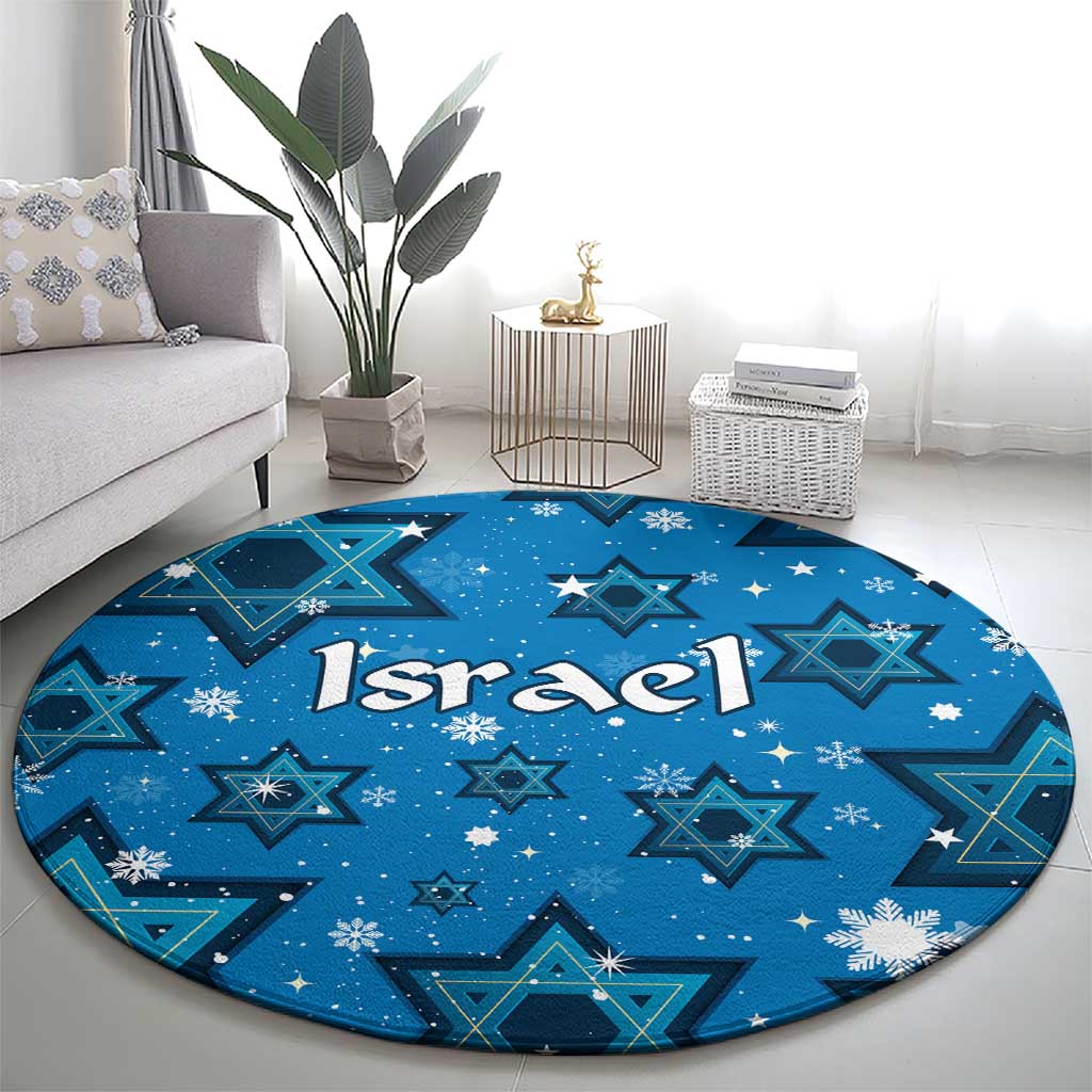 Israel Christmas Round Carpet with Blue Star of David Pattern and Menorah Motif - Wonder Print Shop