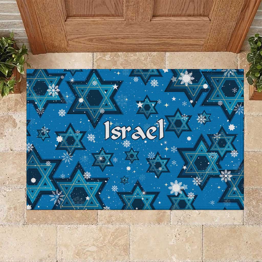 Israel Christmas Rubber Doormat with Blue Star of David Pattern and Menorah Motif - Wonder Print Shop
