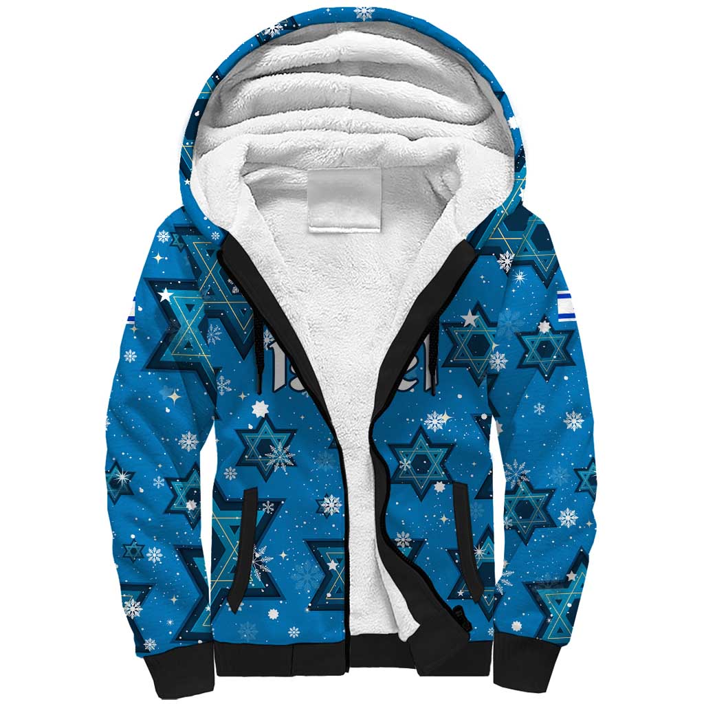 Israel Christmas Sherpa Hoodie with Blue Star of David Pattern and Menorah Motif - Wonder Print Shop