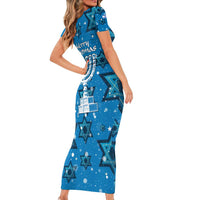 Israel Christmas Short Sleeve Bodycon Dress with Blue Star of David Pattern and Menorah Motif - Wonder Print Shop
