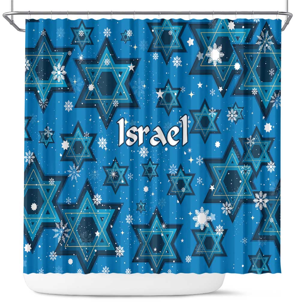 Israel Christmas Shower Curtain with Blue Star of David Pattern and Menorah Motif - Wonder Print Shop