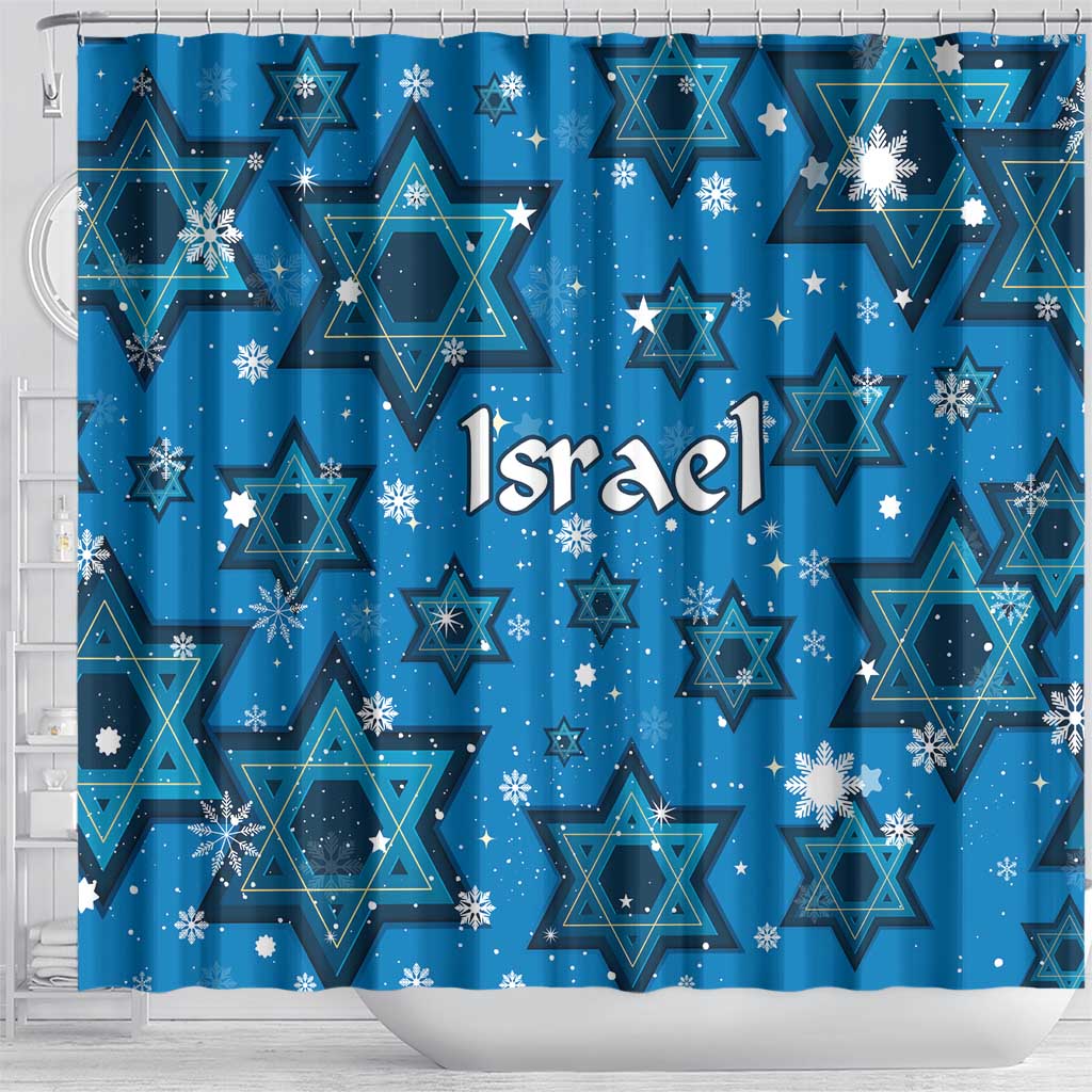 Israel Christmas Shower Curtain with Blue Star of David Pattern and Menorah Motif - Wonder Print Shop