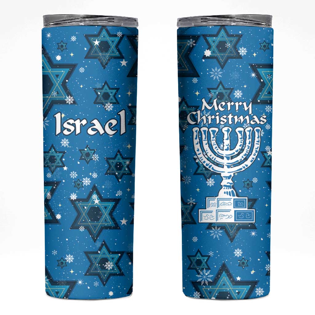 Israel Christmas Skinny Tumbler with Blue Star of David Pattern and Menorah Motif - Wonder Print Shop