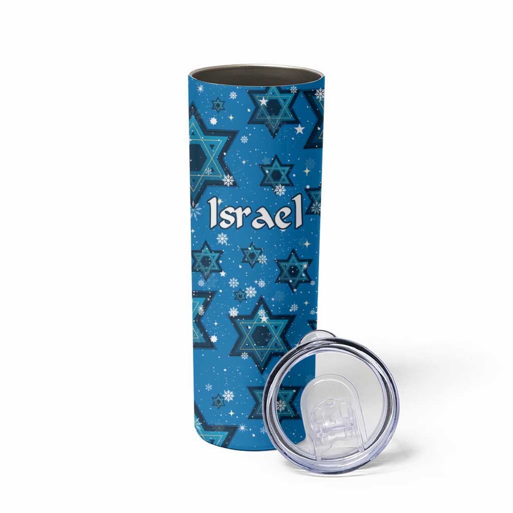 Israel Christmas Skinny Tumbler with Blue Star of David Pattern and Menorah Motif - Wonder Print Shop