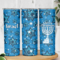 Israel Christmas Skinny Tumbler with Blue Star of David Pattern and Menorah Motif - Wonder Print Shop