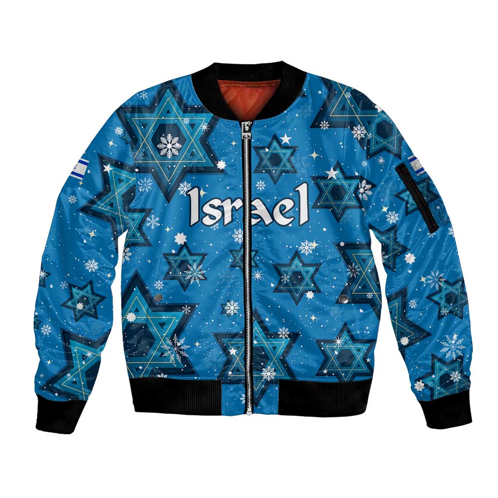 Israel Christmas Sleeve Zip Bomber Jacket with Blue Star of David Pattern and Menorah Motif - Wonder Print Shop