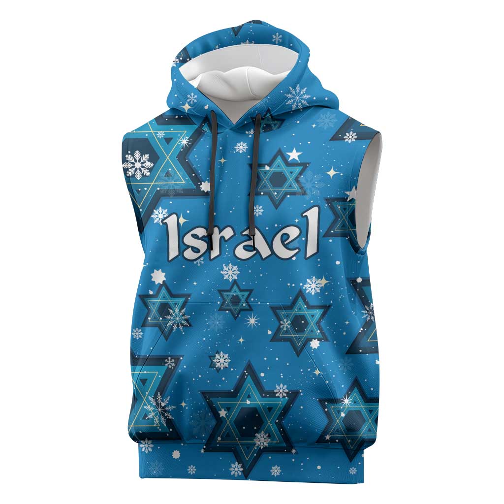 Israel Christmas Sleeveless Hoodie with Blue Star of David Pattern and Menorah Motif - Wonder Print Shop