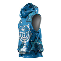 Israel Christmas Sleeveless Hoodie with Blue Star of David Pattern and Menorah Motif - Wonder Print Shop