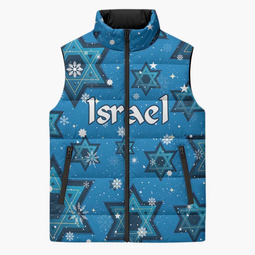 Israel Christmas Sleeveless Puffer Jacket with Blue Star of David Pattern and Menorah Motif - Wonder Print Shop