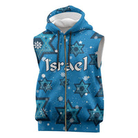 Israel Christmas Sleeveless Zip Hoodie with Blue Star of David Pattern and Menorah Motif - Wonder Print Shop