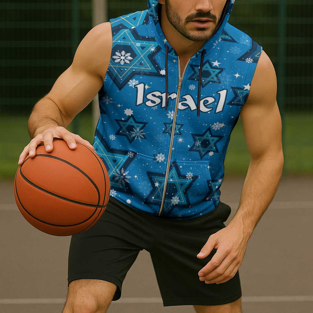 Israel Christmas Sleeveless Zip Hoodie with Blue Star of David Pattern and Menorah Motif - Wonder Print Shop