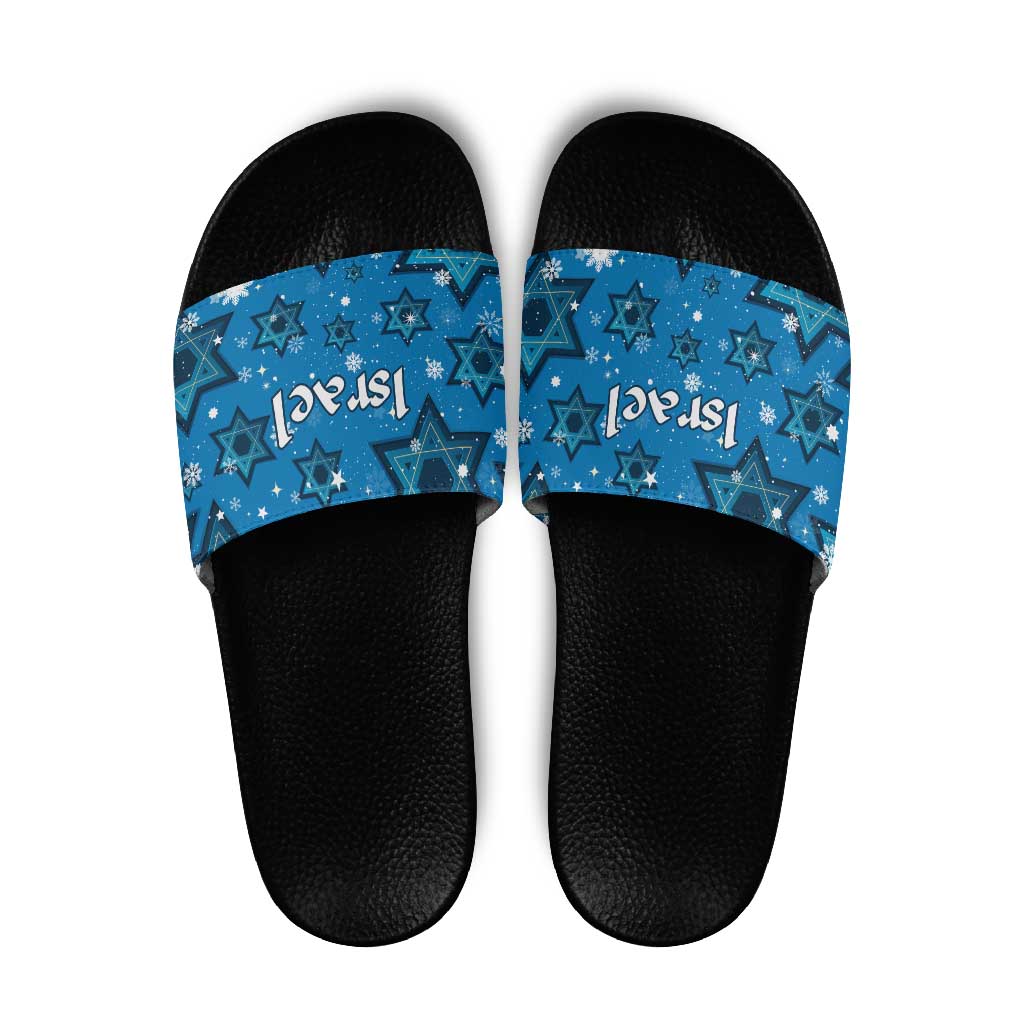 Israel Christmas Slide Sandals with Blue Star of David Pattern and Menorah Motif - Wonder Print Shop