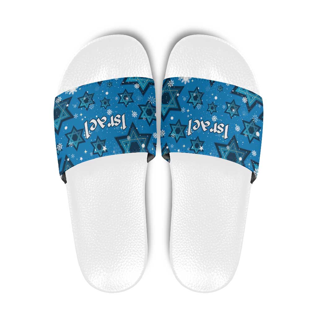 Israel Christmas Slide Sandals with Blue Star of David Pattern and Menorah Motif - Wonder Print Shop
