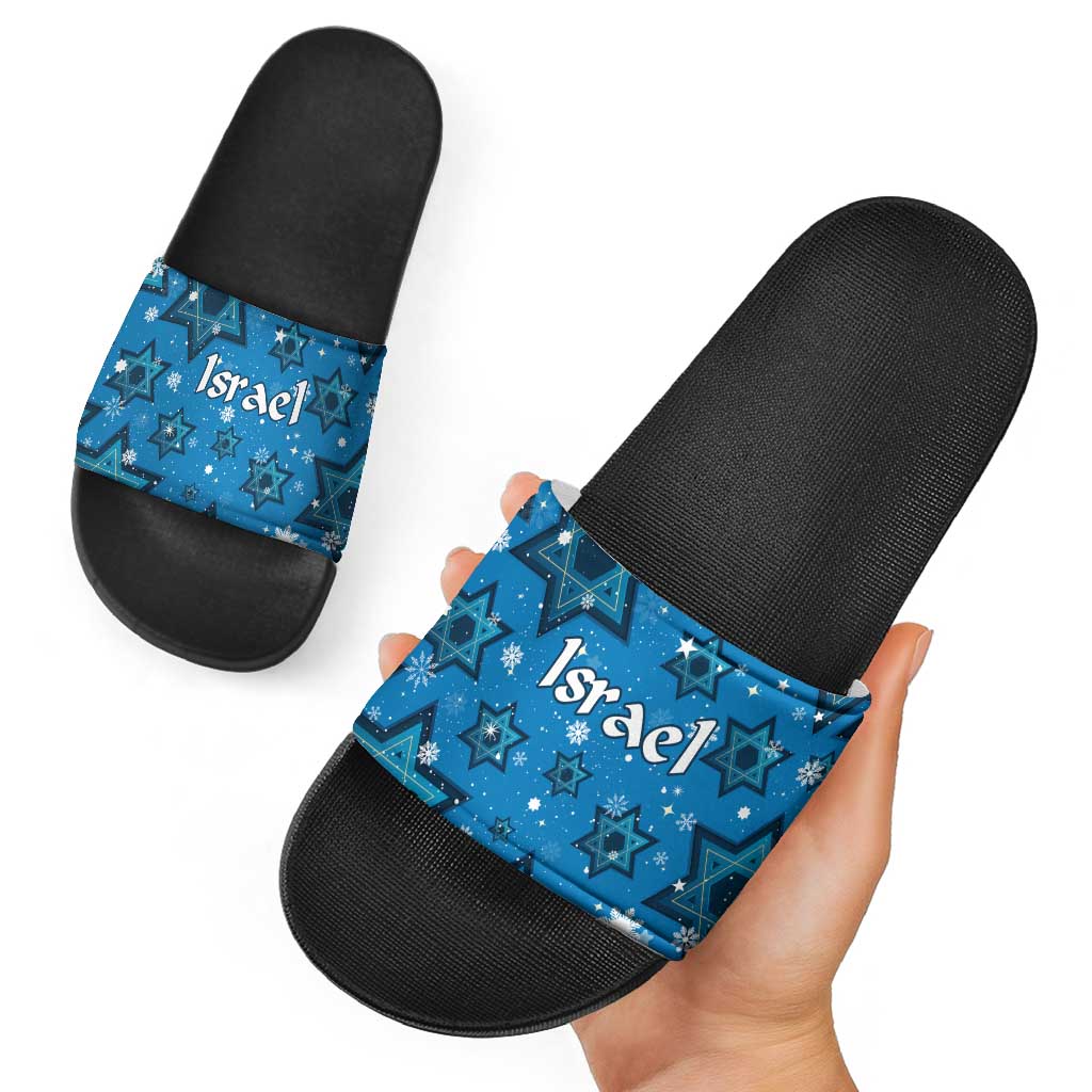 Israel Christmas Slide Sandals with Blue Star of David Pattern and Menorah Motif - Wonder Print Shop