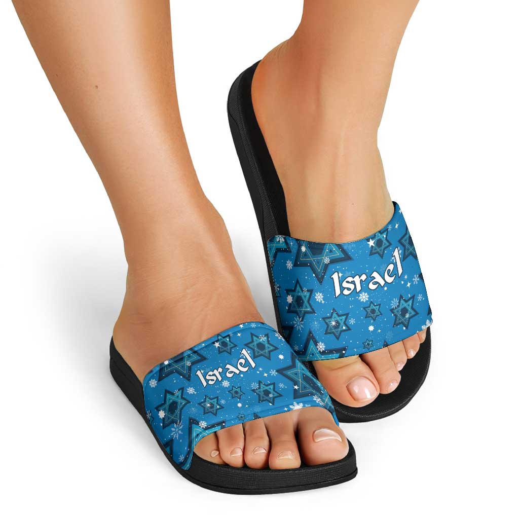 Israel Christmas Slide Sandals with Blue Star of David Pattern and Menorah Motif - Wonder Print Shop