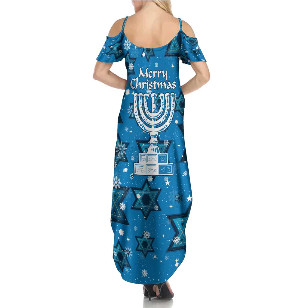Israel Christmas Summer Maxi Dress with Blue Star of David Pattern and Menorah Motif - Wonder Print Shop