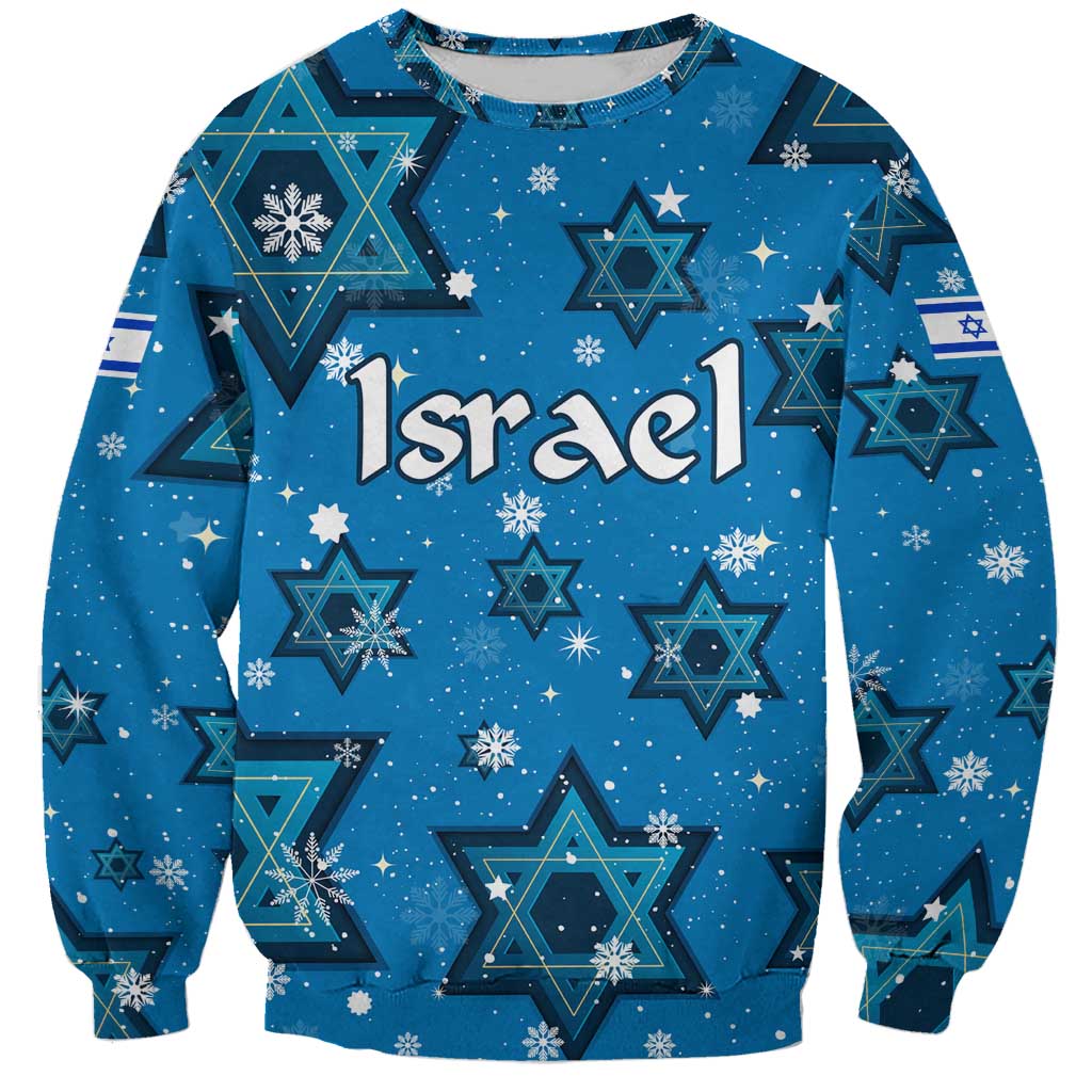 Israel Christmas Sweatshirt with Blue Star of David Pattern and Menorah Motif - Wonder Print Shop