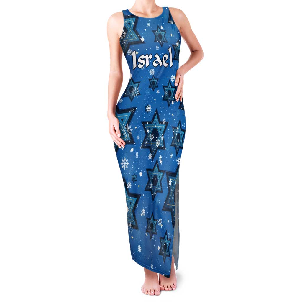 Israel Christmas Tank Maxi Dress with Blue Star of David Pattern and Menorah Motif - Wonder Print Shop