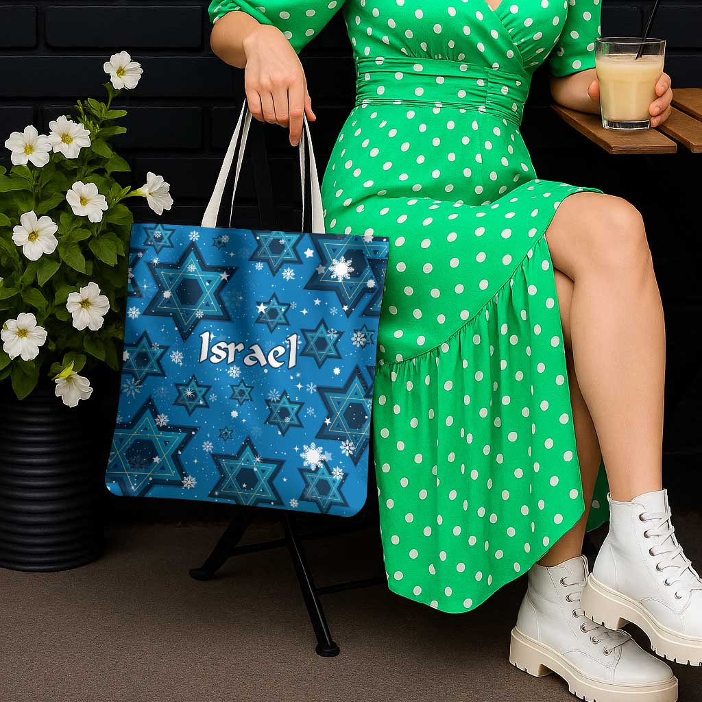 Israel Christmas Tote Bag with Blue Star of David Pattern and Menorah Motif - Wonder Print Shop