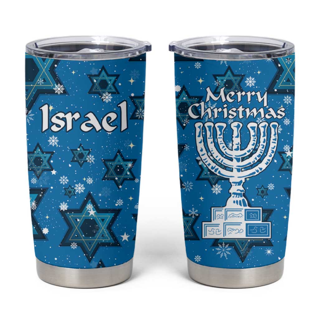 Israel Christmas Tumbler Cup with Blue Star of David Pattern and Menorah Motif - Wonder Print Shop