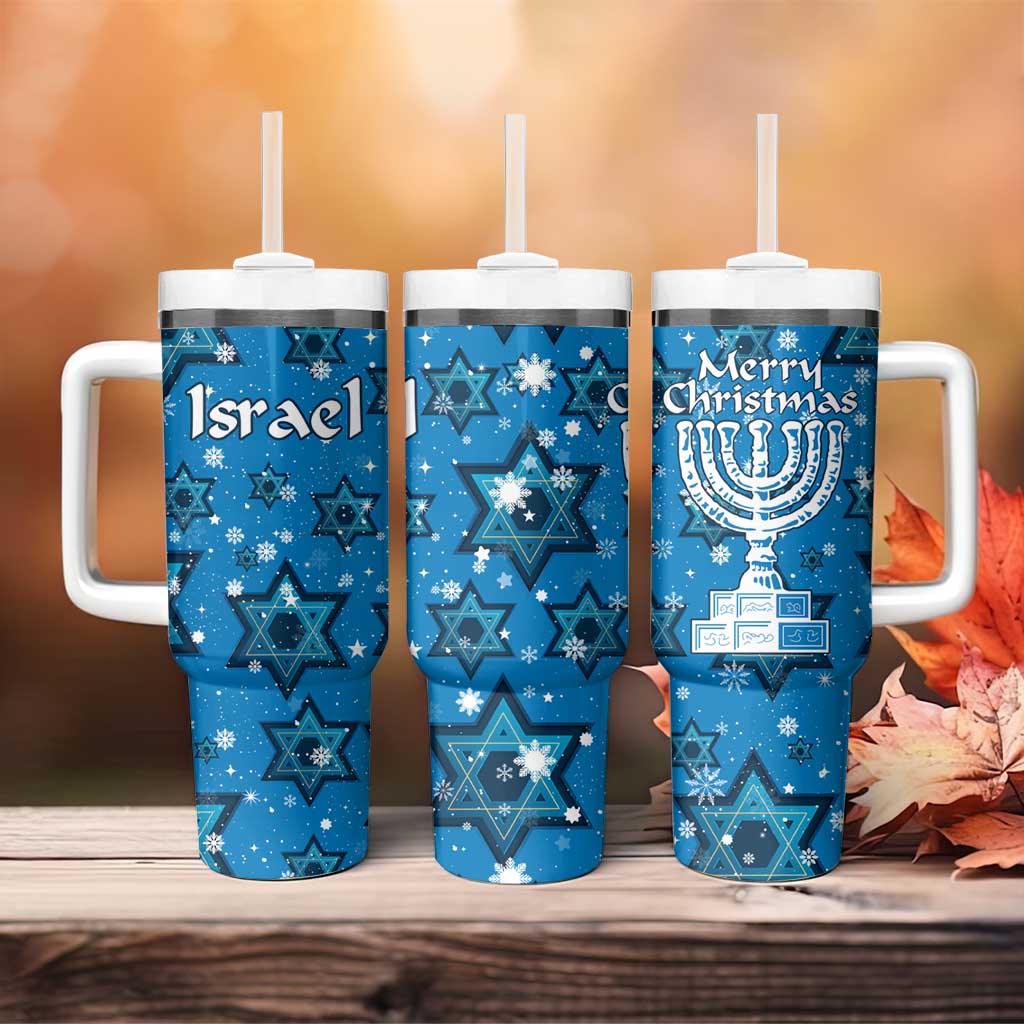 Israel Christmas Tumbler With Handle with Blue Star of David Pattern and Menorah Motif - Wonder Print Shop