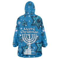 Israel Christmas Wearable Blanket Hoodie with Blue Star of David Pattern and Menorah Motif - Wonder Print Shop