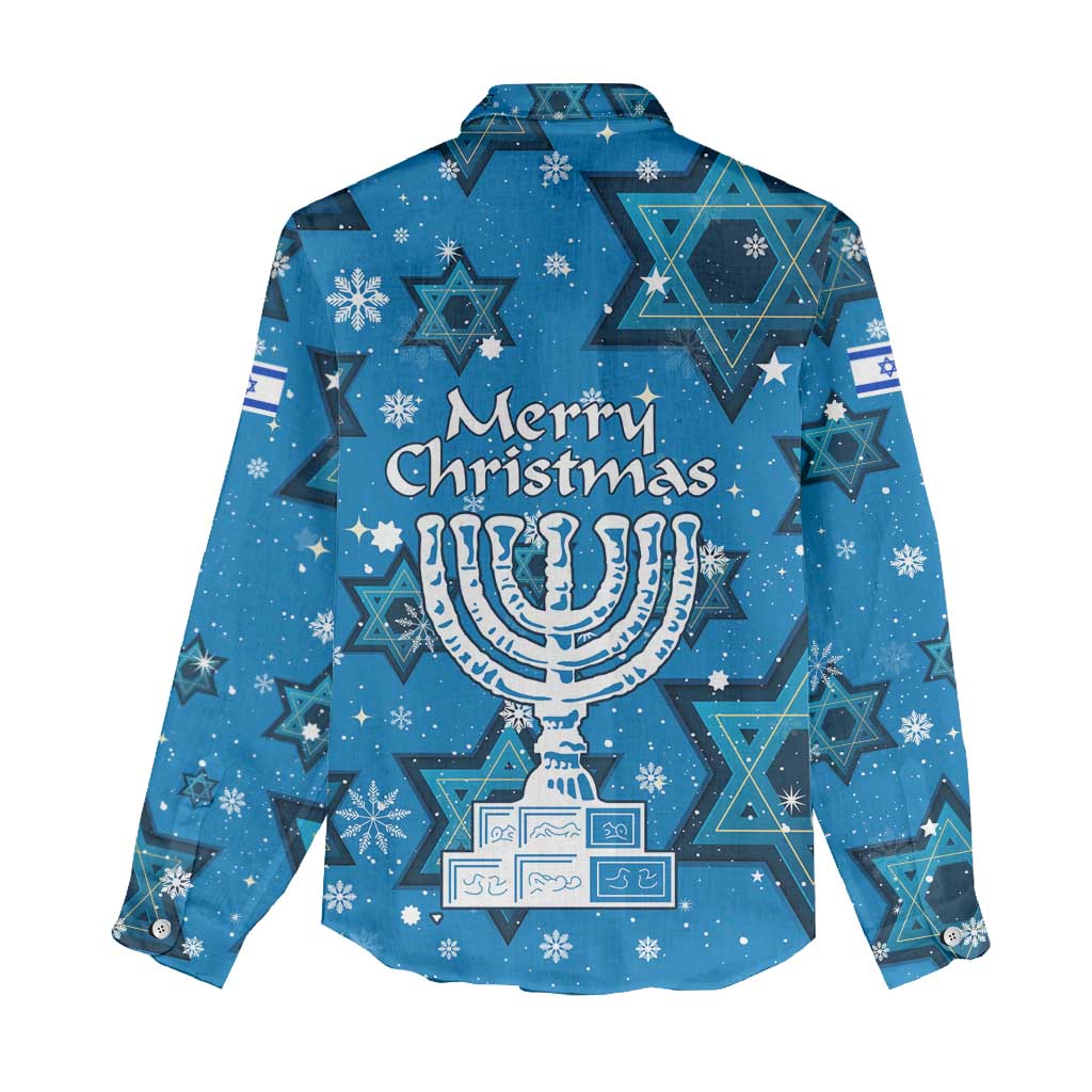 Israel Christmas Women Casual Shirt with Blue Star of David Pattern and Menorah Motif - Wonder Print Shop