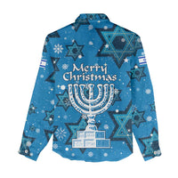 Israel Christmas Women Casual Shirt with Blue Star of David Pattern and Menorah Motif - Wonder Print Shop