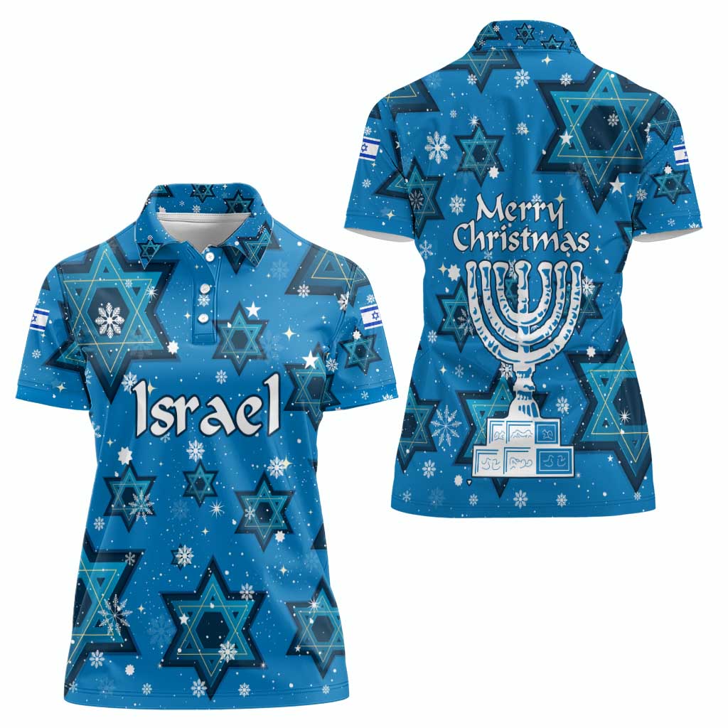 Israel Christmas Women Polo Shirt with Blue Star of David Pattern and Menorah Motif - Wonder Print Shop