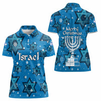 Israel Christmas Women Polo Shirt with Blue Star of David Pattern and Menorah Motif - Wonder Print Shop