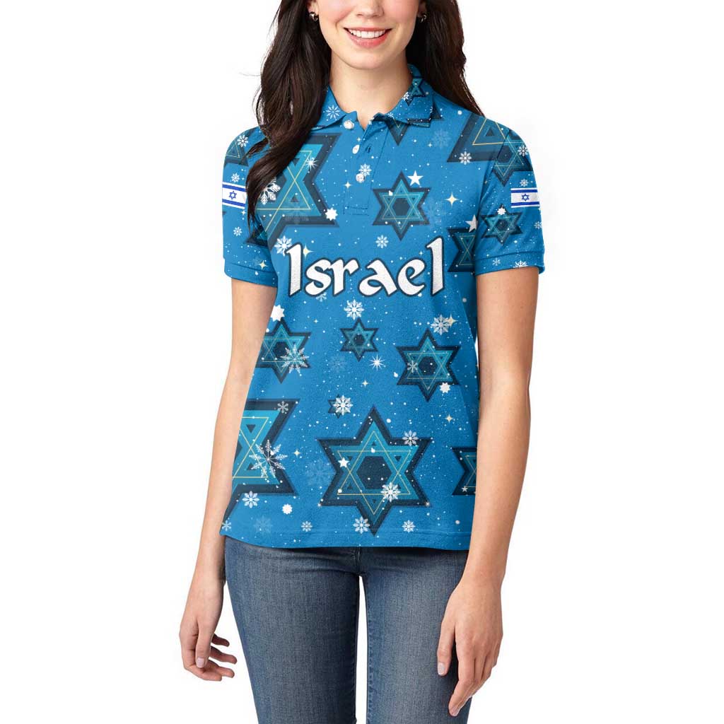Israel Christmas Women Polo Shirt with Blue Star of David Pattern and Menorah Motif - Wonder Print Shop