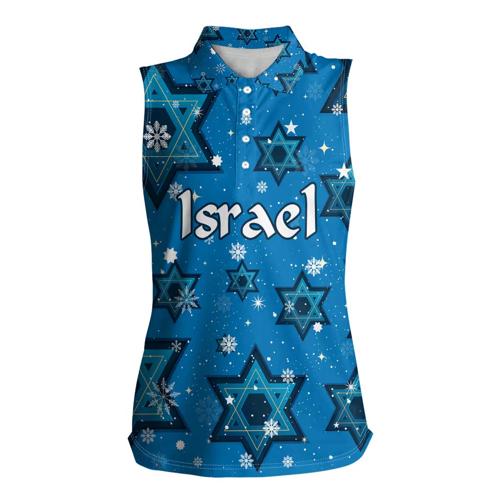 Israel Christmas Women Sleeveless Polo Shirt with Blue Star of David Pattern and Menorah Motif - Wonder Print Shop