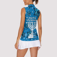 Israel Christmas Women Sleeveless Polo Shirt with Blue Star of David Pattern and Menorah Motif - Wonder Print Shop