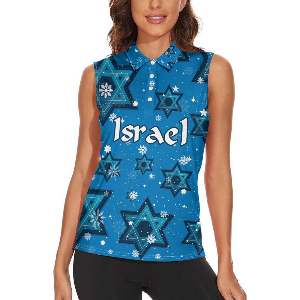 Israel Christmas Women Sleeveless Polo Shirt with Blue Star of David Pattern and Menorah Motif - Wonder Print Shop