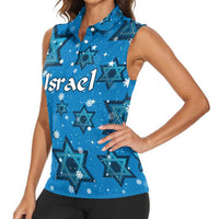 Israel Christmas Women Sleeveless Polo Shirt with Blue Star of David Pattern and Menorah Motif - Wonder Print Shop