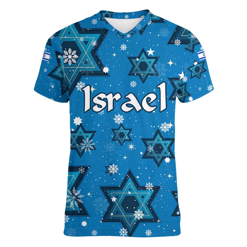 Israel Christmas Women V-Neck T-Shirt with Blue Star of David Pattern and Menorah Motif - Wonder Print Shop