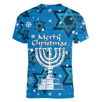 Israel Christmas Women V-Neck T-Shirt with Blue Star of David Pattern and Menorah Motif - Wonder Print Shop