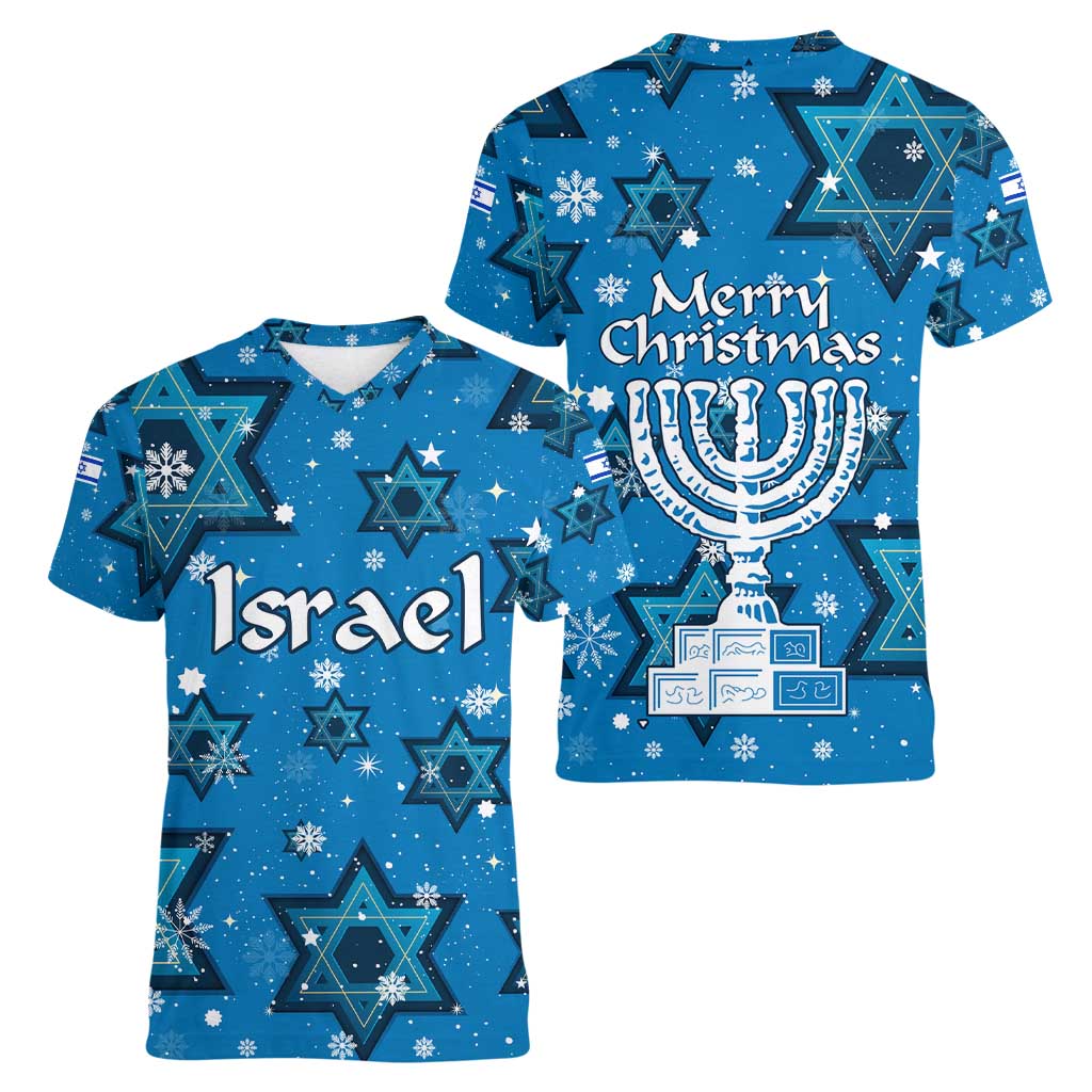 Israel Christmas Women V-Neck T-Shirt with Blue Star of David Pattern and Menorah Motif - Wonder Print Shop