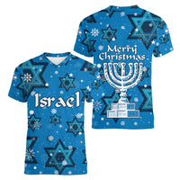 Israel Christmas Women V-Neck T-Shirt with Blue Star of David Pattern and Menorah Motif - Wonder Print Shop