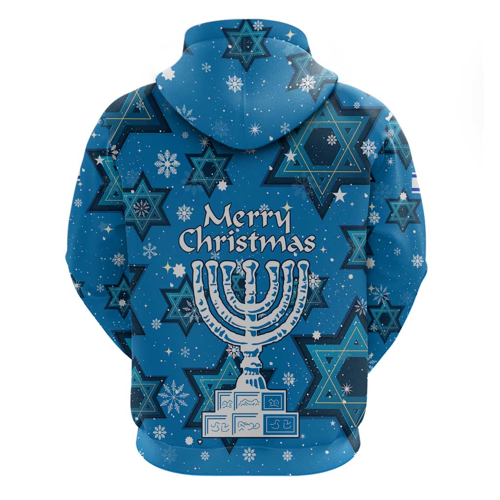 Israel Christmas Zip Hoodie with Blue Star of David Pattern and Menorah Motif - Wonder Print Shop
