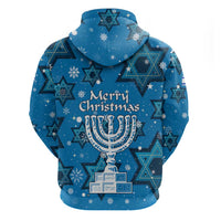 Israel Christmas Zip Hoodie with Blue Star of David Pattern and Menorah Motif - Wonder Print Shop