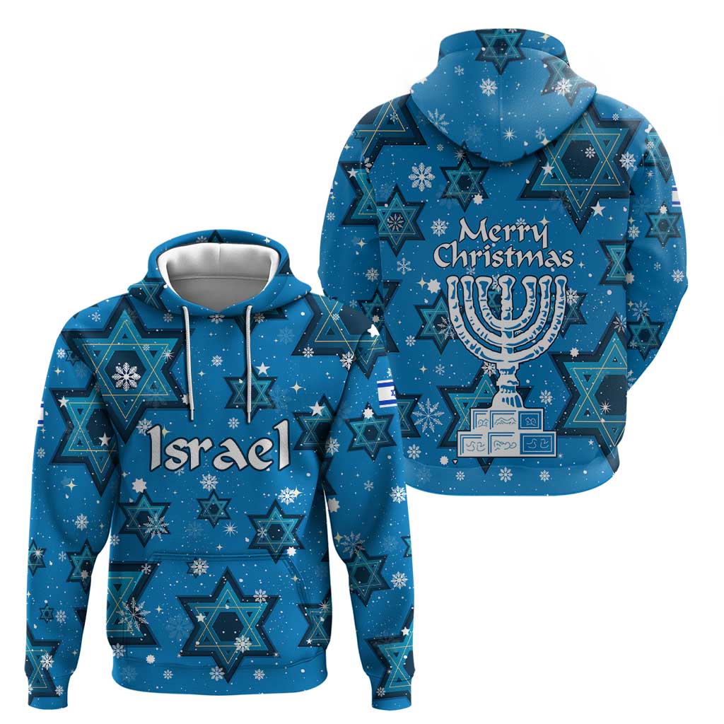 Israel Christmas Zip Hoodie with Blue Star of David Pattern and Menorah Motif - Wonder Print Shop