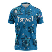 Israel Christmas Zipper Polo Shirt with Blue Star of David Pattern and Menorah Motif - Wonder Print Shop